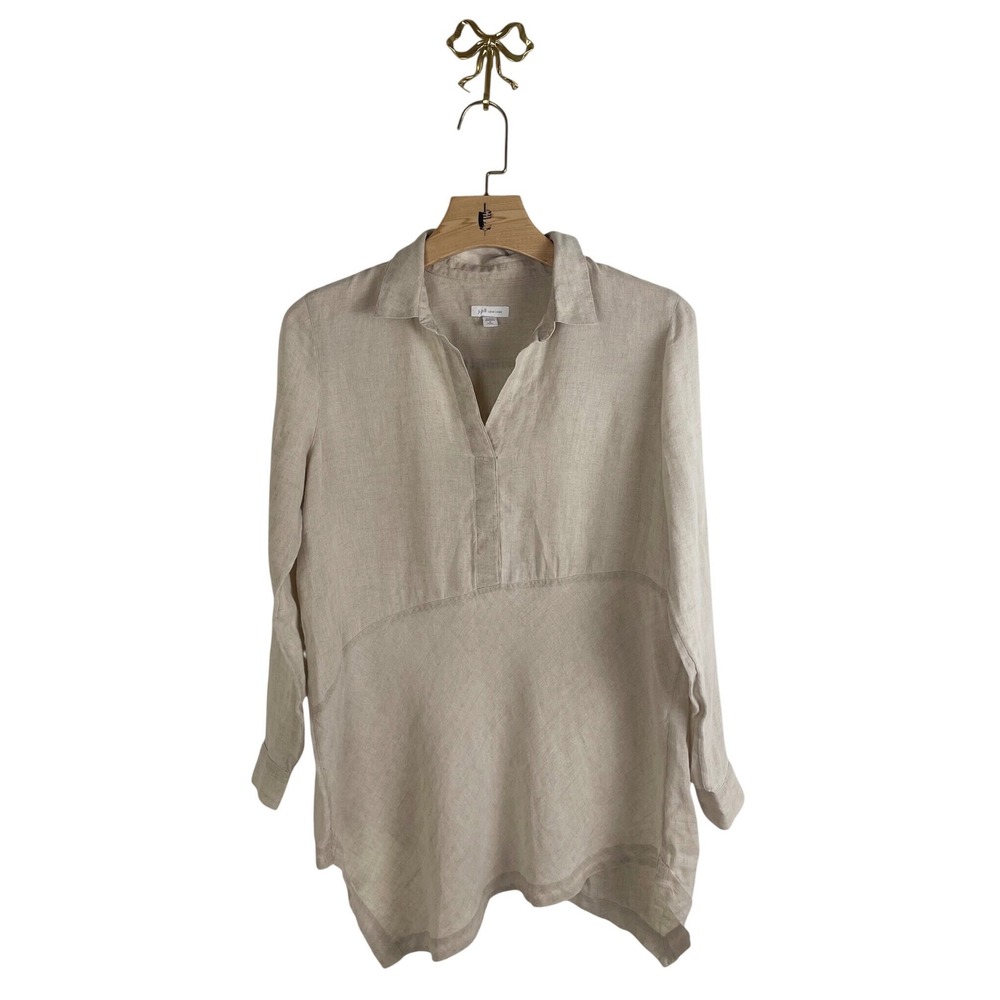 J. Jill Love Linen Tunic Top Beige 100% Linen Asym Hem Womens Small Petite